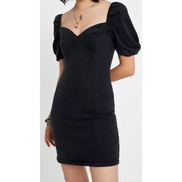 Never Worn - Urban Outfitters Black Mini Denim Puff Sleeved Sweetheart Dress (Si - Picture 2 of 6